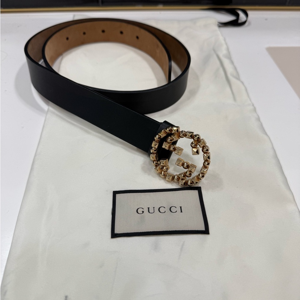 Gucci Double GG Black Leather Belt GG Gold Buckle